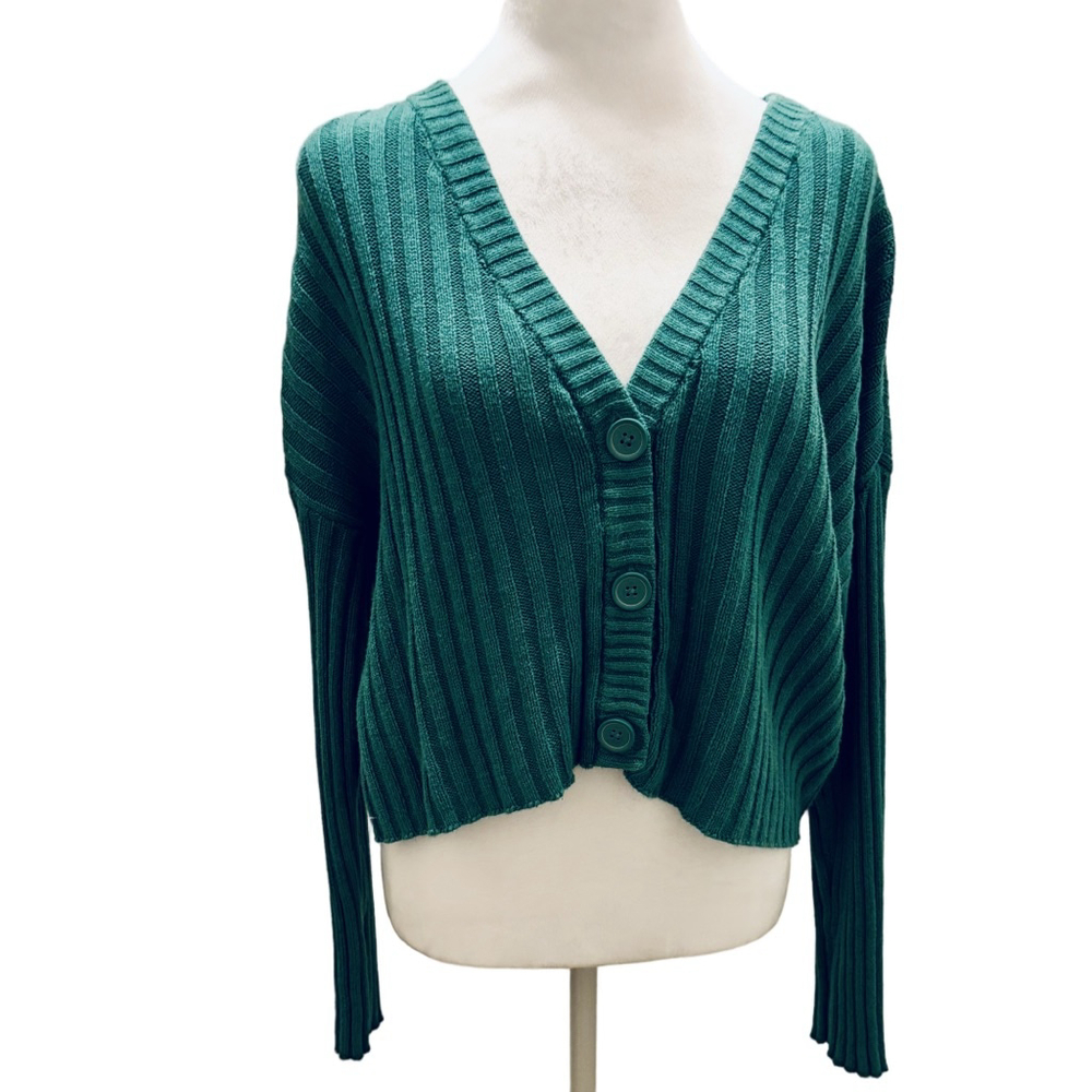 American Eagle Green Boxy Ribbed Button Up Cropped Cardigan Sweater M - Picture 3 of 10
